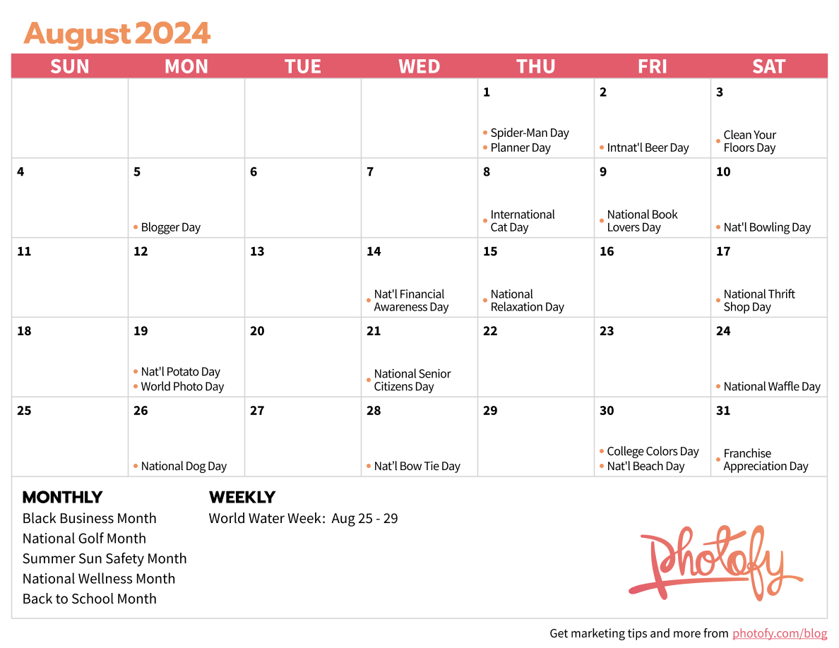 Social Media Calendar for August 2024: Real Estate, Direct Sales, Fitness, Franchises, and More from Photofy