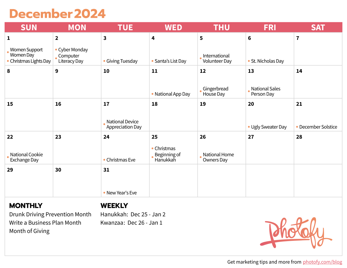 Social Media Calendar for December 2024: Real Estate, Direct Sales, Fitness, Franchises, and More from Photofy