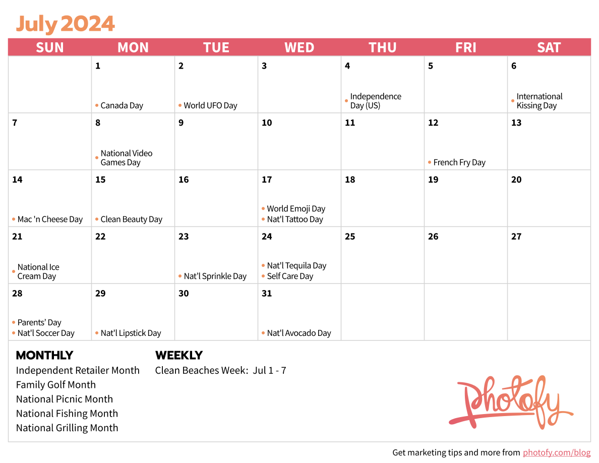 Social Media Calendar for July 2024: Real Estate, Direct Sales, Fitness, Franchises, and More from Photofy