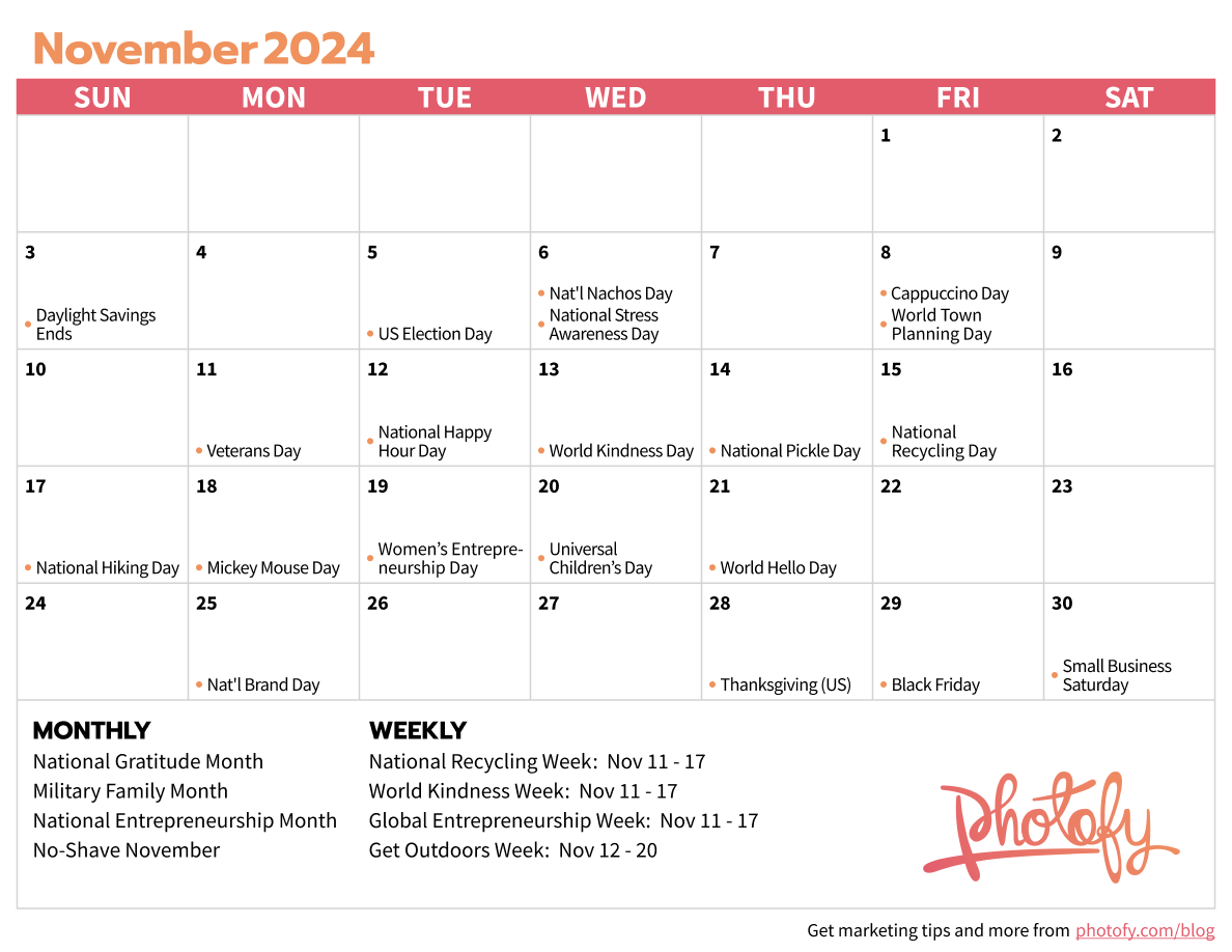 Social Media Calendar for November 2024: Real Estate, Direct Sales, Fitness, Franchises, and More from Photofy