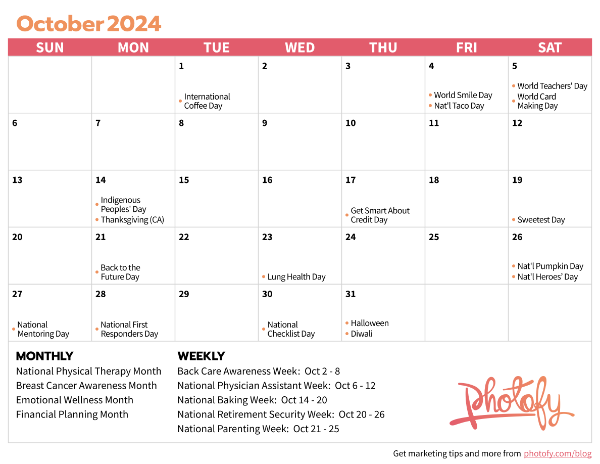 Social Media Calendar for October 2024: Real Estate, Direct Sales, Fitness, Franchises, and More from Photofy