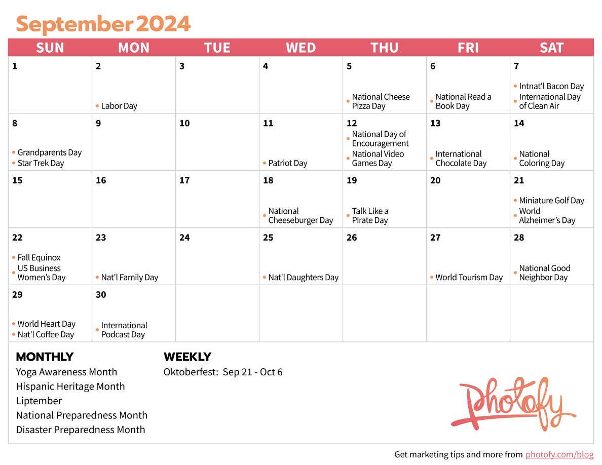 Social Media Calendar for September 2024: Real Estate, Direct Sales, Fitness, Franchises, and More from Photofy