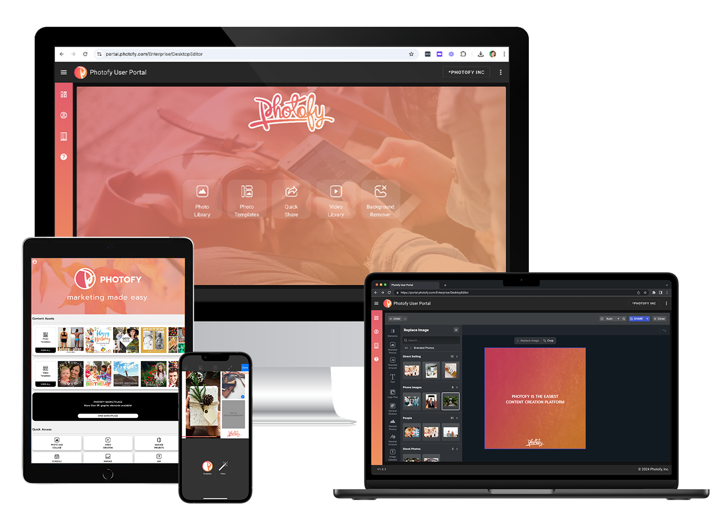 Photofy app displayed on desktop, tablet, and mobile, showcasing customized brand partner interfaces and enterprise-exclusive desktop editing for seamless content creation across devices.