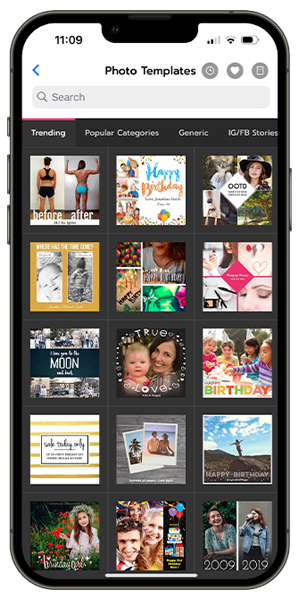 A wide selection of photo and video templates in Photofy, making it easy to create professional content