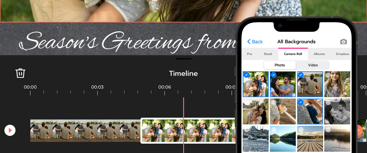 Create your own engaging holiday photo card using Photofy's video stitching tool to combine videos and still images and music.