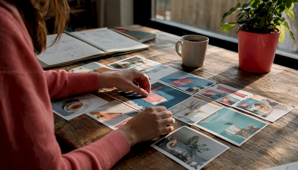 Overhead of hands organizing social media design templates on table