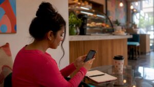 Woman checking Instagram analytics on smartphone