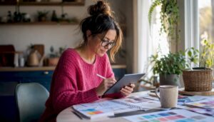 Small business owner arranging marketing visuals on tablet