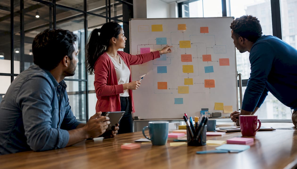Small team collaborating on marketing automation workflow