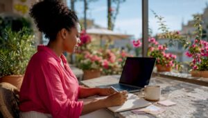 Woman working on social media management laptop