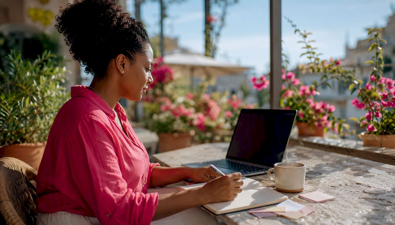 Woman working on social media management laptop