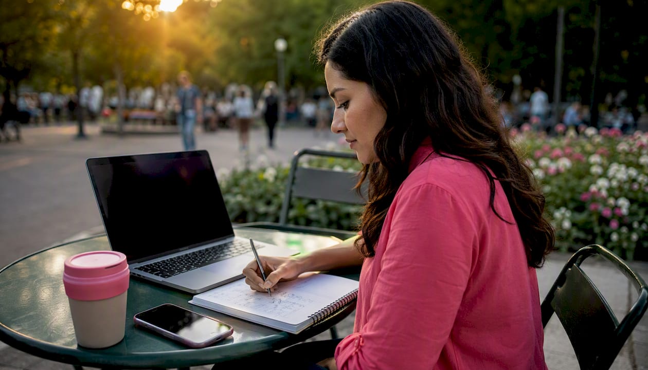 Social media manager at home office desk