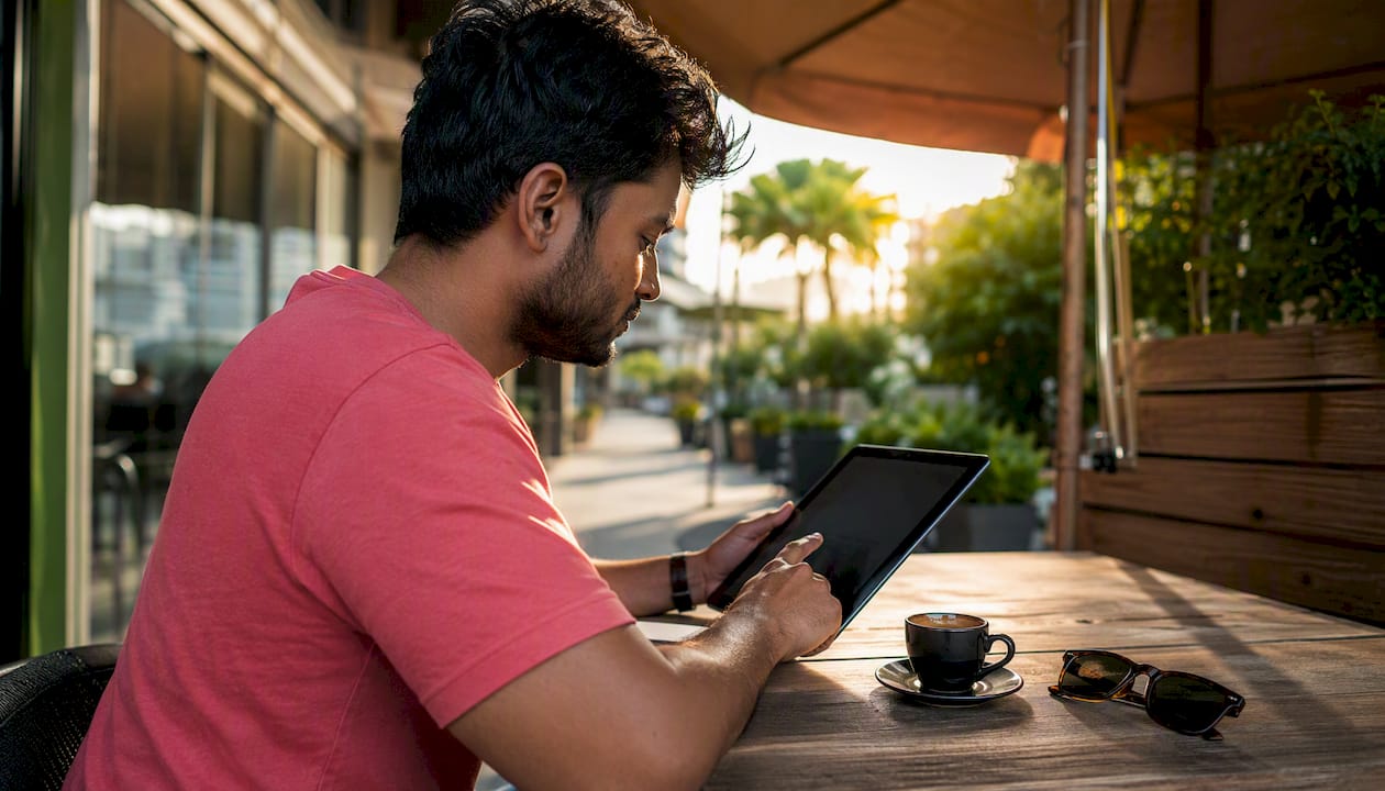 Freelancer adjusting social media schedule outdoors