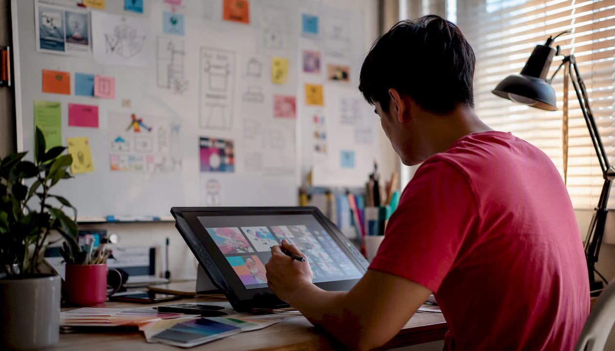 Hands using graphic tablet for social media design