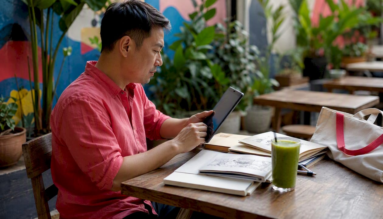 Hands scrolling tablet reviewing design templates