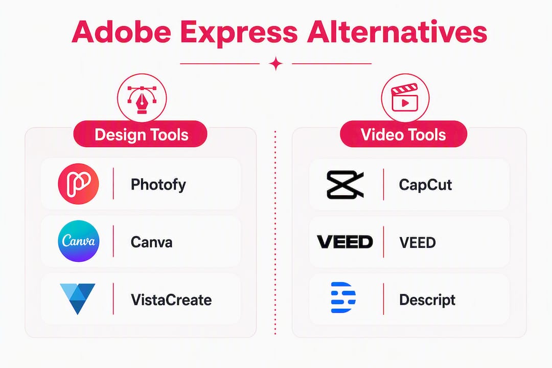 Infographic comparing Adobe Express design and video alternatives