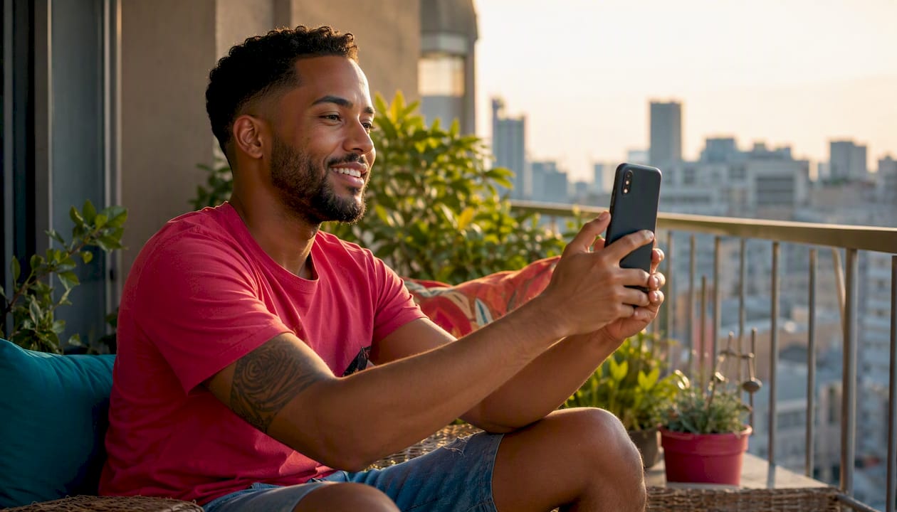 Hands holding smartphone filming Instagram video