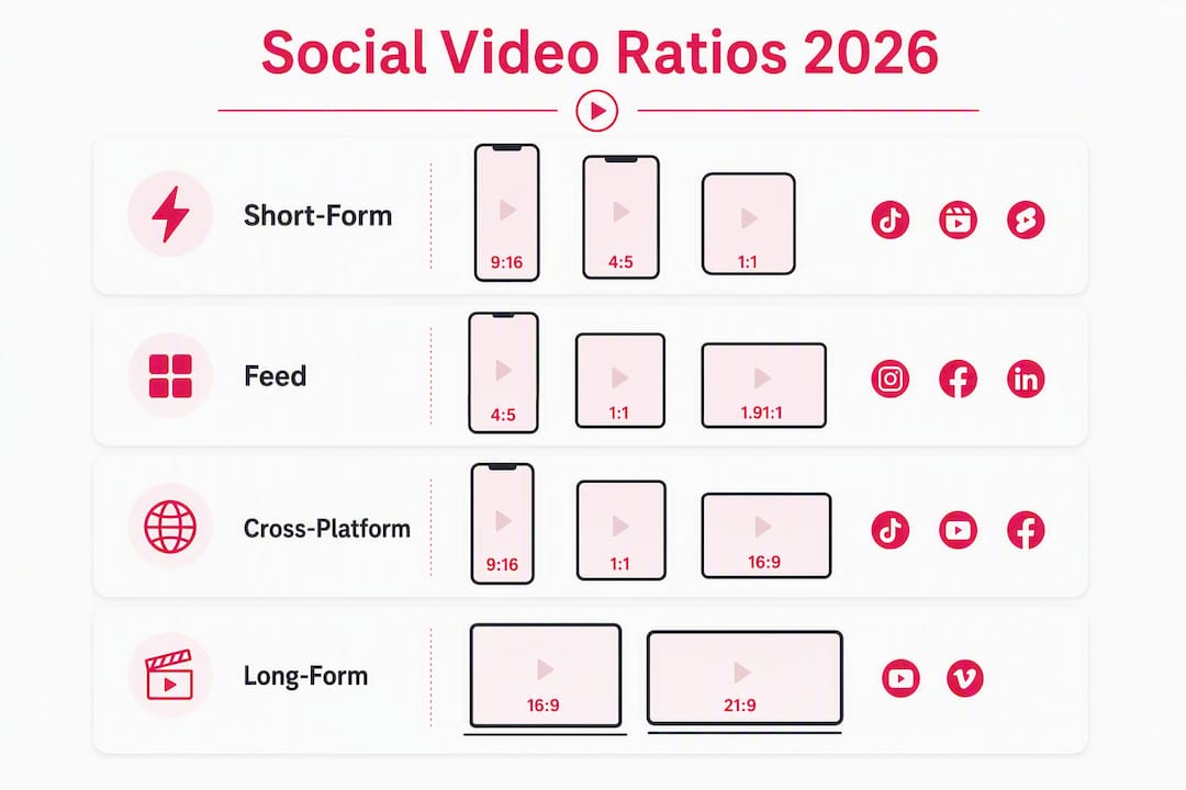 Infographic illustrating essential social video aspect ratios in 2026