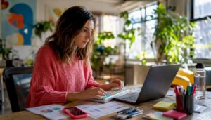 Marketer working at laptop in bright office