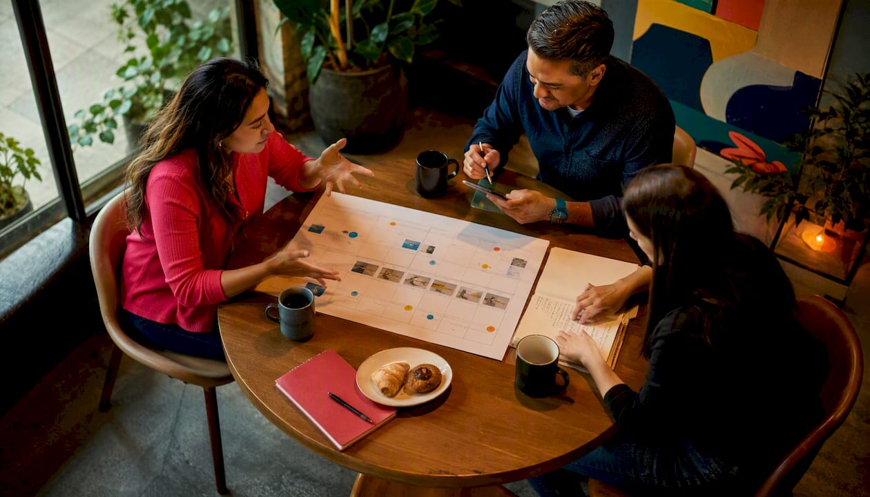 Marketing team reviewing content calendar