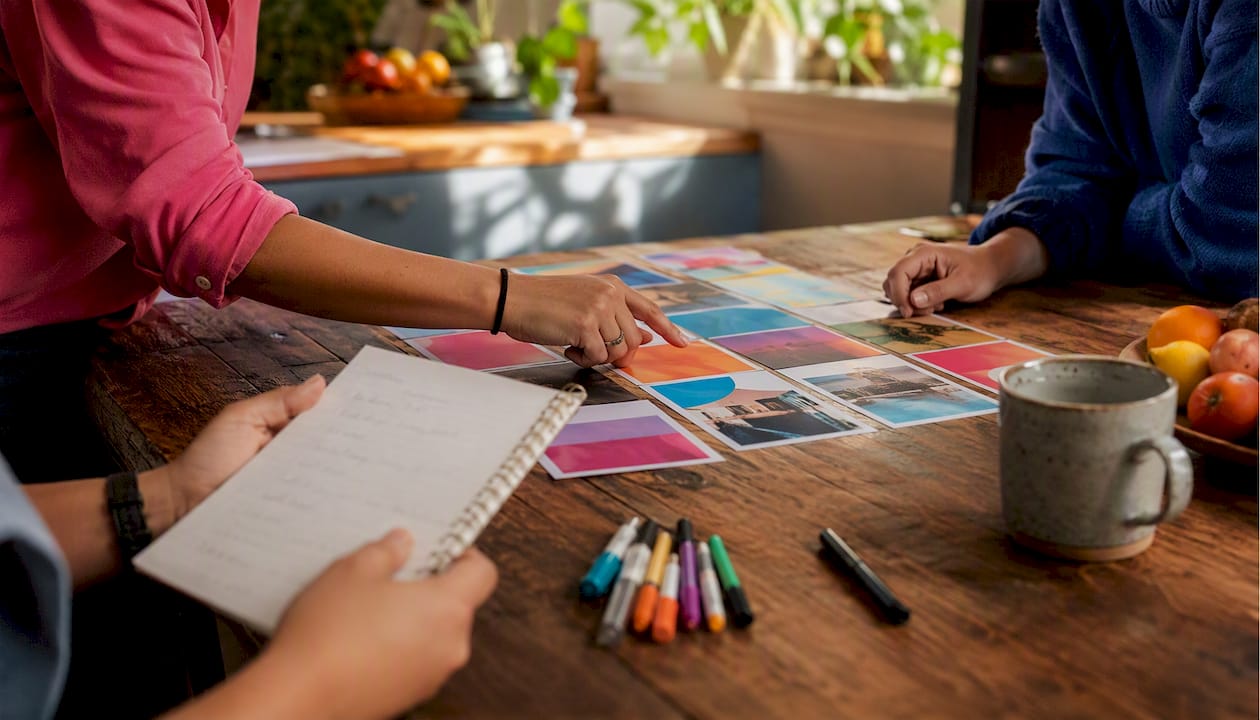 Team planning Instagram posts with printed materials