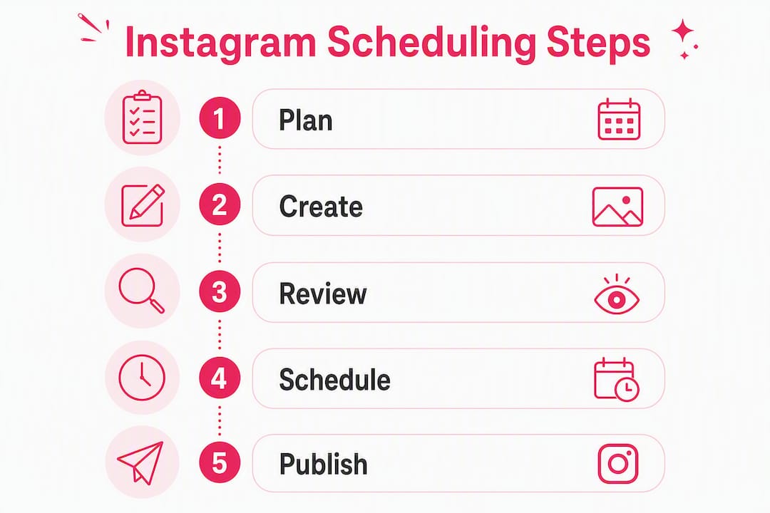 Infographic showing Instagram post scheduling workflow in five steps