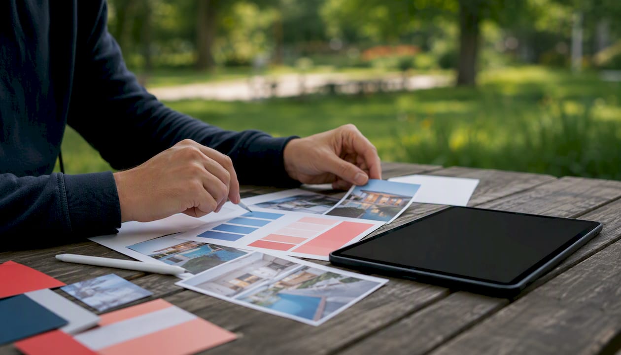 Hands customizing real estate social media post templates