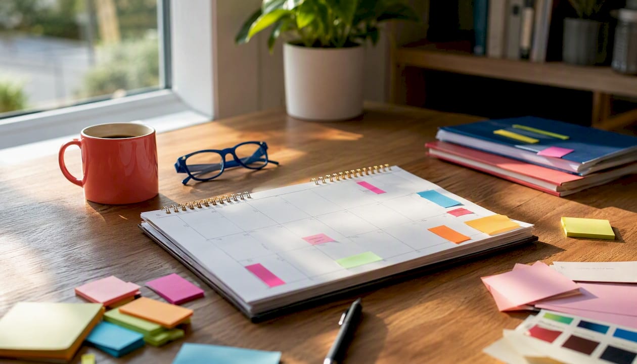 Real estate marketing content calendar with sticky notes