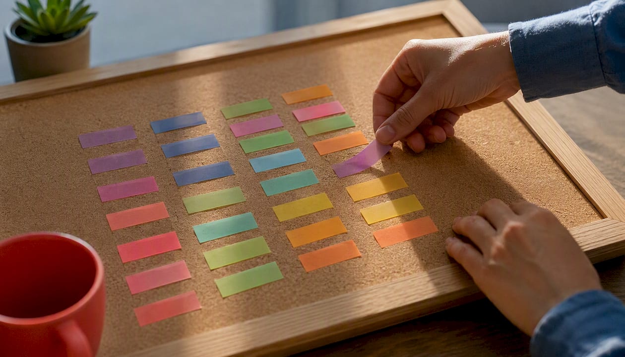 Hands arranging sticky tabs for content status