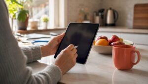 Hands arranging content calendar on tablet