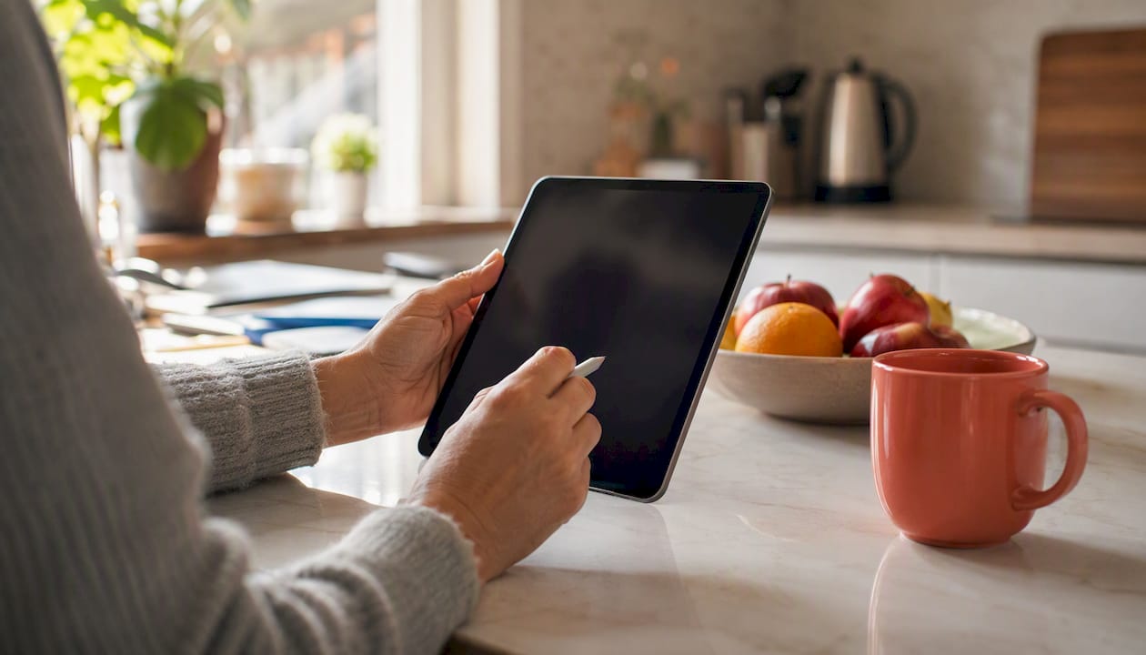 Hands arranging content calendar on tablet