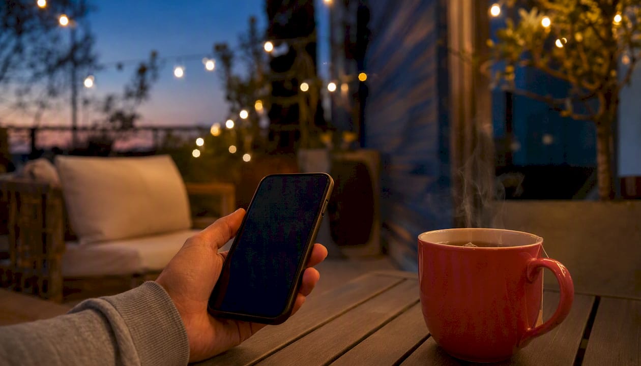 Hand holding phone in evening ambient light