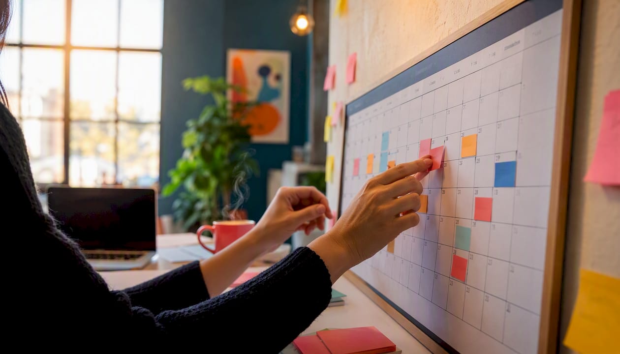 Hands adjusting social media posting schedule