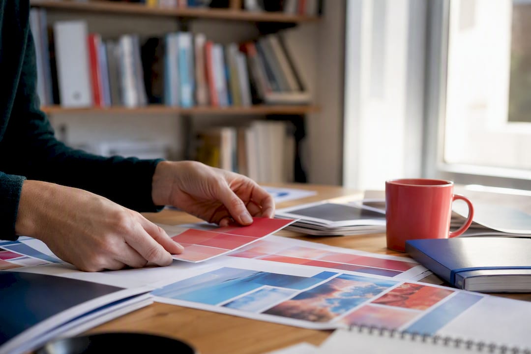 Hands adjusting branding samples on table
