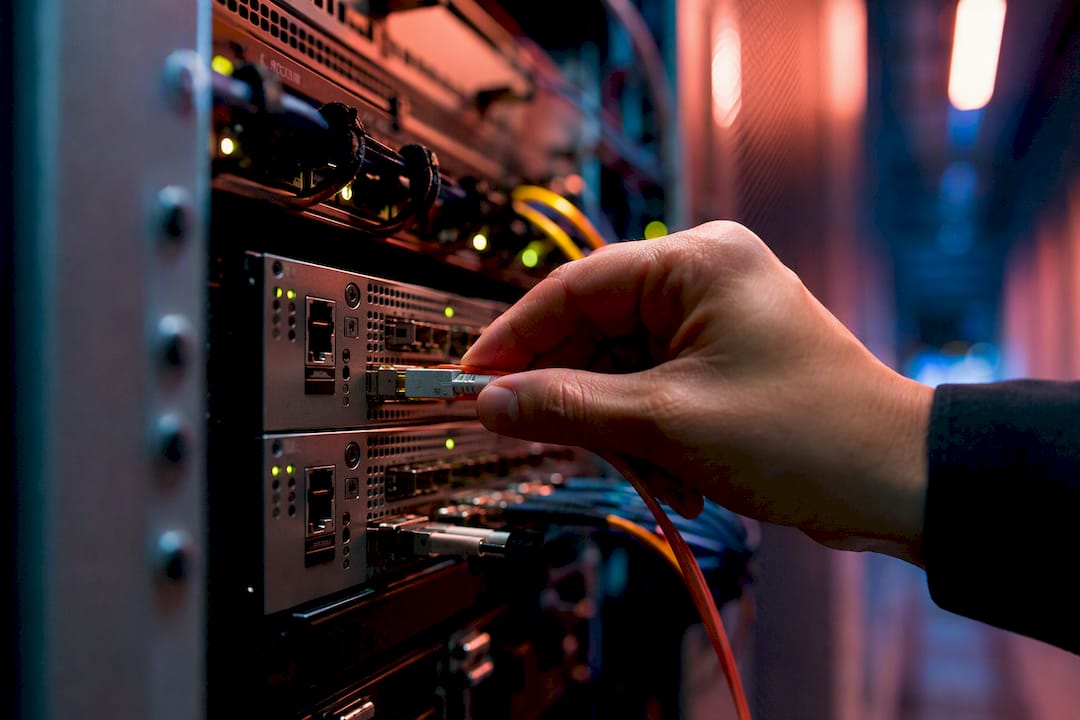 Hand connecting fiber optic cable in server room