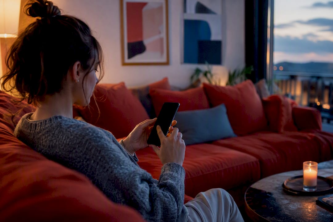 Hands interacting with smartphone on desk