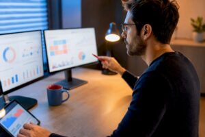 Analyst reviewing social media performance trends