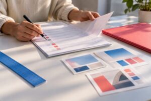 Hands reviewing brand compliance materials