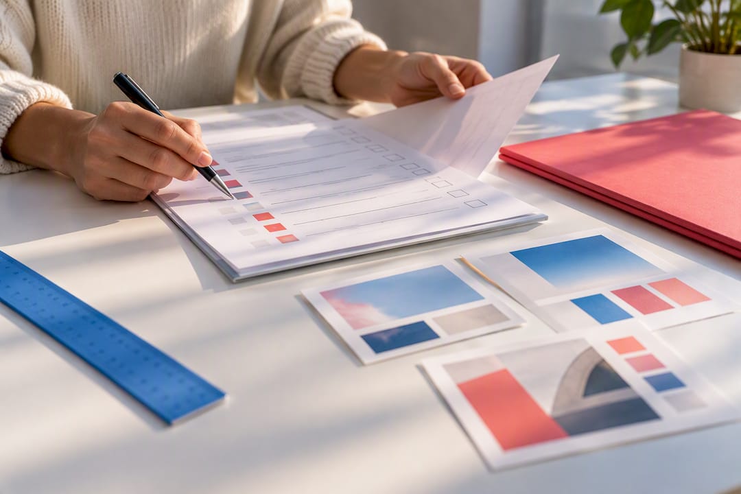 Hands reviewing brand compliance materials