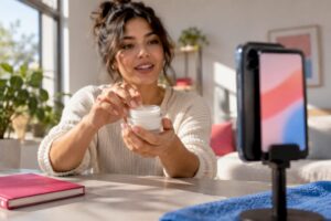 Direct seller filming a social media product demo