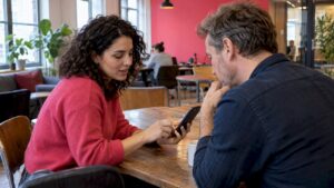 Employees reviewing an advocacy social post