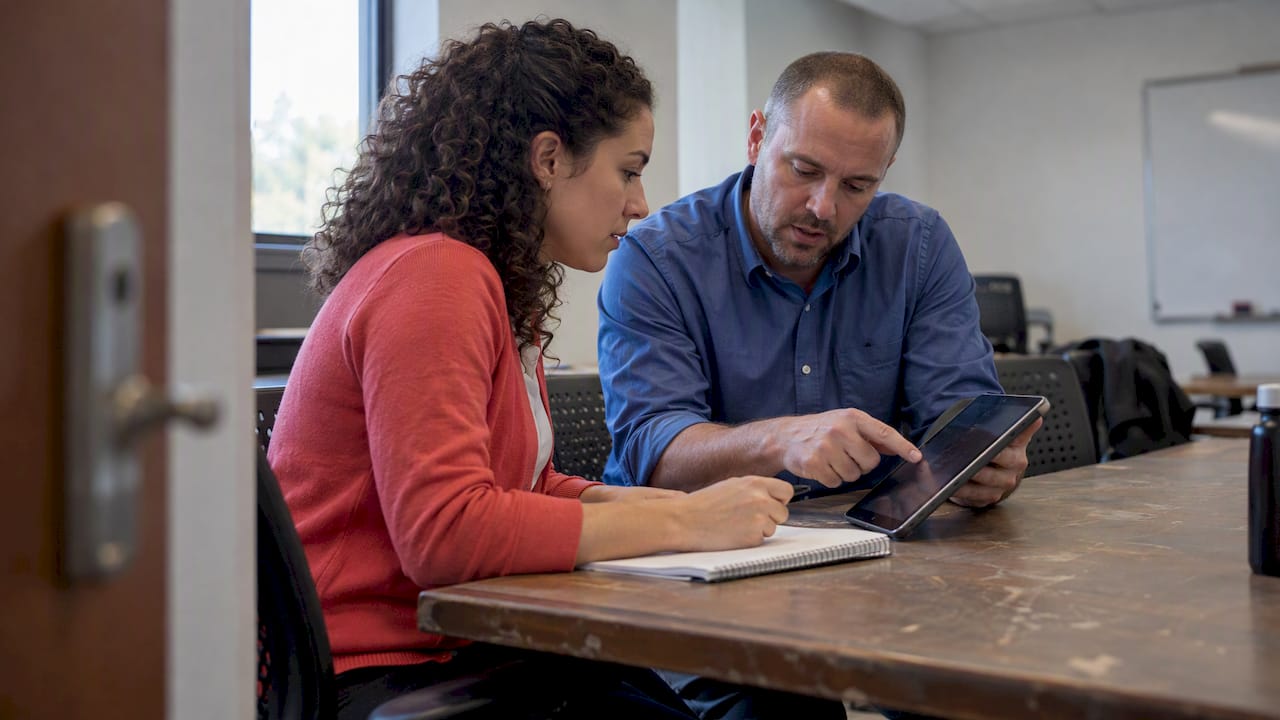 Franchise owner planning local marketing with coach