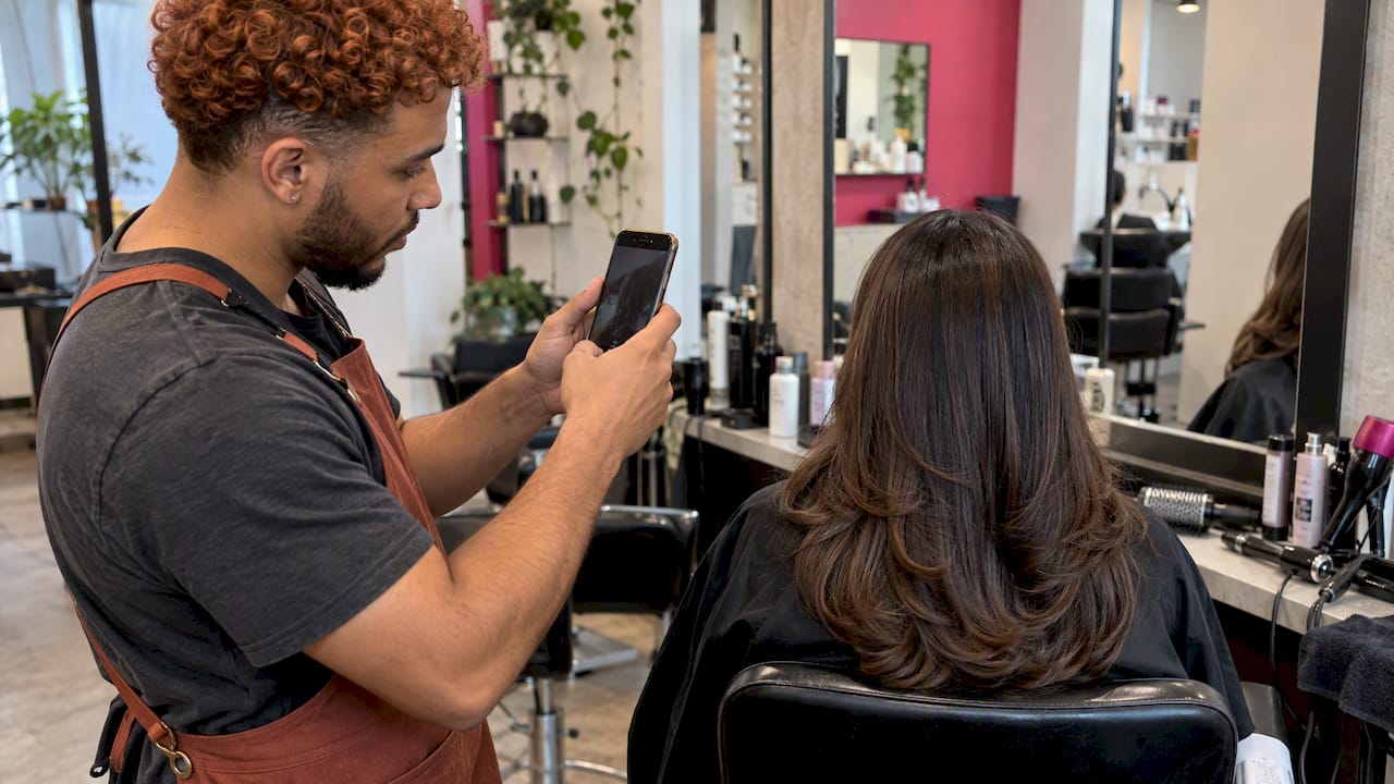 Stylist filming a client’s finished blowout